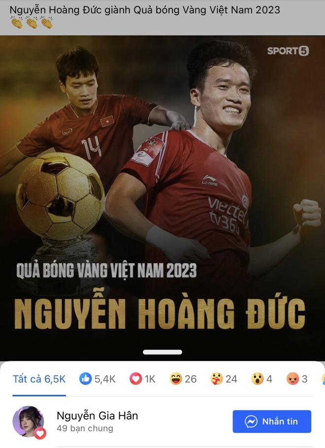 Tình cũ có động thái gây chú ý khi Hoàng Đức giành Quả bóng vàng Việt Nam 2023 - Ảnh 1.