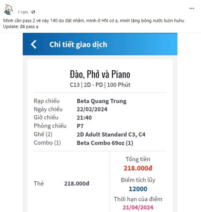 Xôn xao phe vé phim Đào, phở và piano: Giá bán lại cao gấp 6 lần giá gốc, Trung tâm Chiếu phim Quốc gia lên tiếng cảnh báo - Ảnh 2.