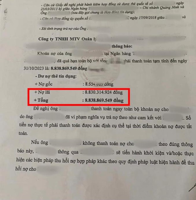 Xôn xao phiếu nhắc nợ gây sốc MXH: Vay thẻ tín dụng 8,5 triệu rồi quên trả, 10 năm sau mang nợ gần 9 tỷ? - Ảnh 1.