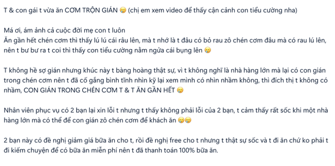 B&aacute;t cơm trộn tiểu cường trong một nh&agrave; h&agrave;ng ở quận 1 khiến 2 mẹ con điếng người: Phục vụ xin lỗi nhưng người c&oacute; tr&aacute;ch nhiệm lại im re - Ảnh 1.