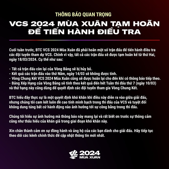 Nóng: VCS chính thức hủy lịch thi đấu để điều tra trước nghi án bán độ - Ảnh 1.