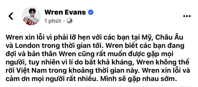 Wren Evans đột ngột hủy bỏ mọi đêm diễn tại Mỹ và Châu Âu, lý do là gì? - Ảnh 1.