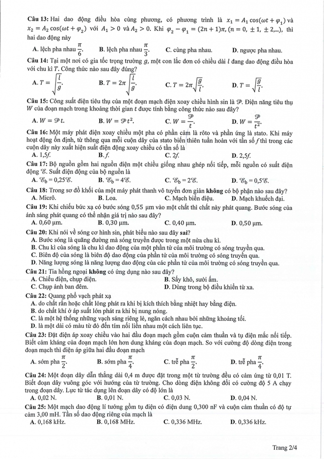 Thi tốt nghiệp THPT 2024: Đề tham khảo môn Vật lý - Ảnh 2.