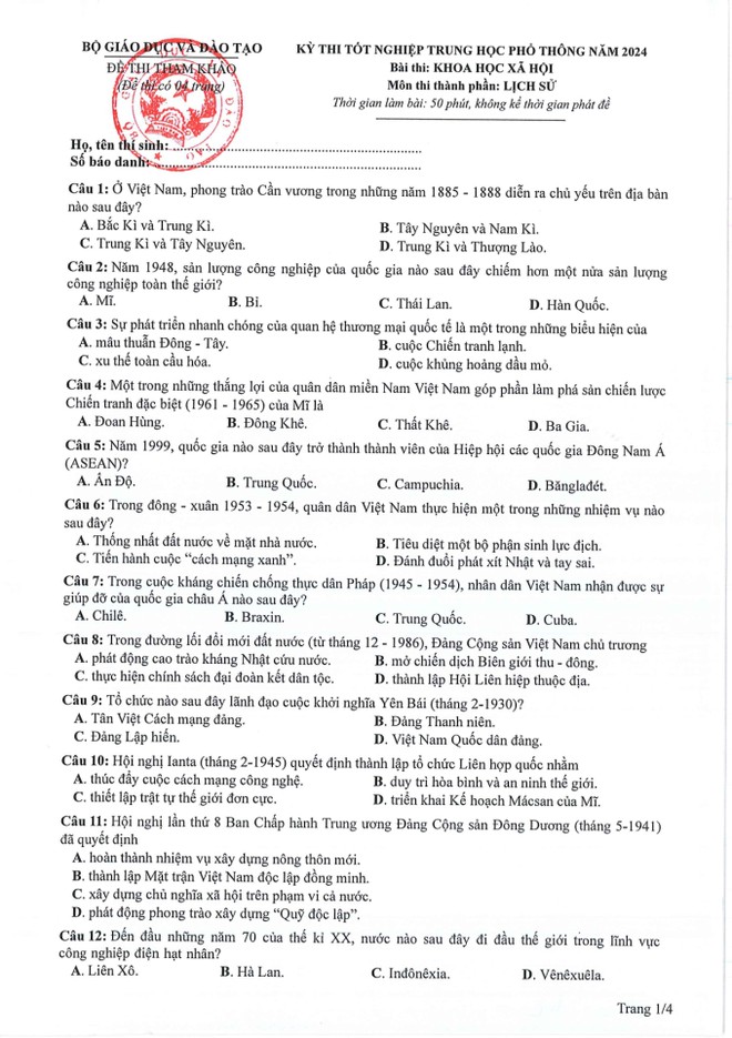 Đề thi minh họa tốt nghiệp THPT năm 2024 m&ocirc;n Lịch sử - Ảnh 1.