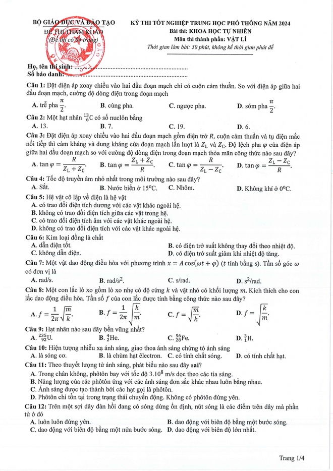 Thi tốt nghiệp THPT 2024: Đề tham khảo môn Vật lý - Ảnh 1.