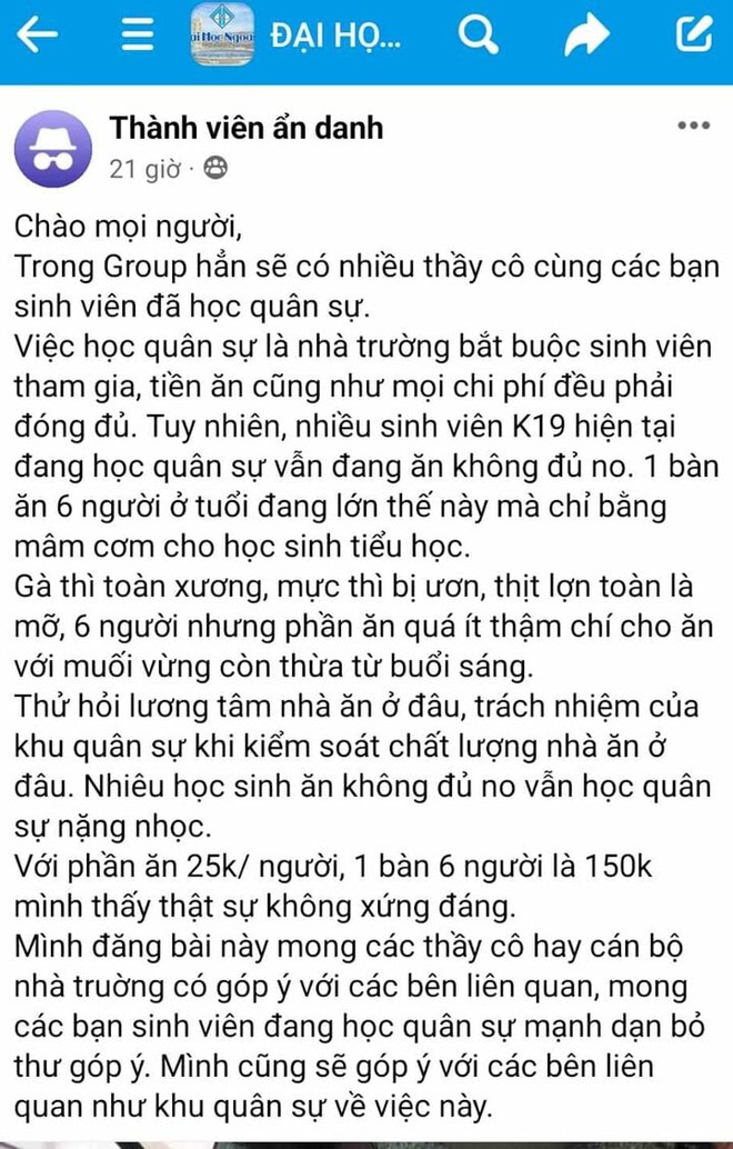 Bữa cơm không đủ no của sinh viên: Trung tâm Giáo dục Quốc phòng ĐH Huế nói gì? - Ảnh 2.