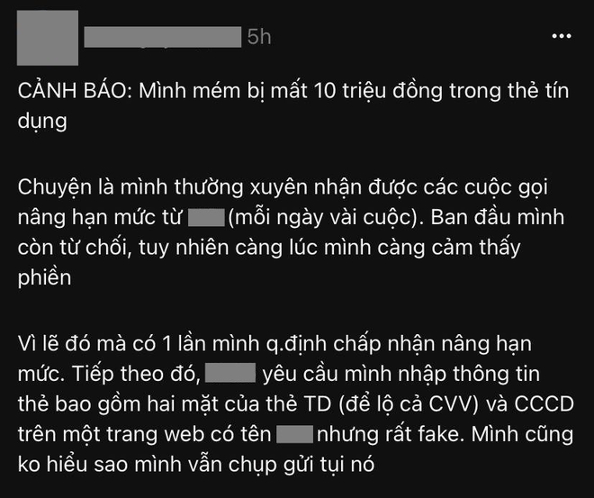Su&yacute;t mất 10 triệu đồng v&igrave; chi&ecirc;u tr&ograve; &ldquo;mời n&acirc;ng hạn mức thẻ t&iacute;n dụng&rdquo;: Kh&ocirc;ng muốn mất tiền oan, dứt kho&aacute;t phải nhớ 2 điều n&agrave;y - Ảnh 1.