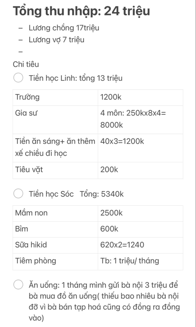 Bảng chi phí tiền học cho con của vợ chồng công nhân lớn tuổi gây sốc: Biết là hy sinh cho con, nhưng có cần đến mức này? - Ảnh 1.