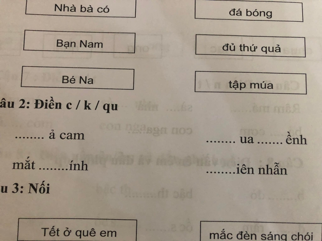 Xuất hiện bài tập tiếng Việt khiến phụ huynh tăng xông vì nghĩ mãi không ra: ... UA... ỀNH thì điền C hay K, QU mới hợp lý? - Ảnh 1.