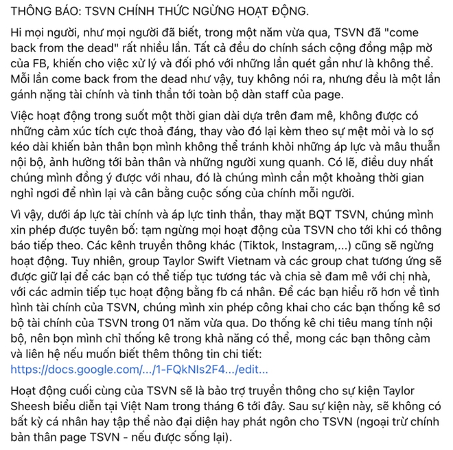 Fanpage lớn nhất của Taylor Swift tại Việt Nam tuyên bố dừng hoạt động, chuyện gì đã xảy ra? - Ảnh 2.