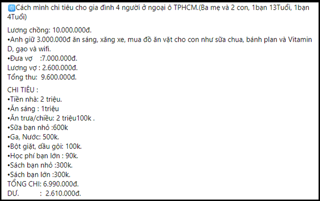 Mẹ 2 con ở TP.HCM chi tiêu cho 4 người chỉ mất 7 triệu/tháng, từng khoản phân bổ đều quá hợp lý! - Ảnh 1.