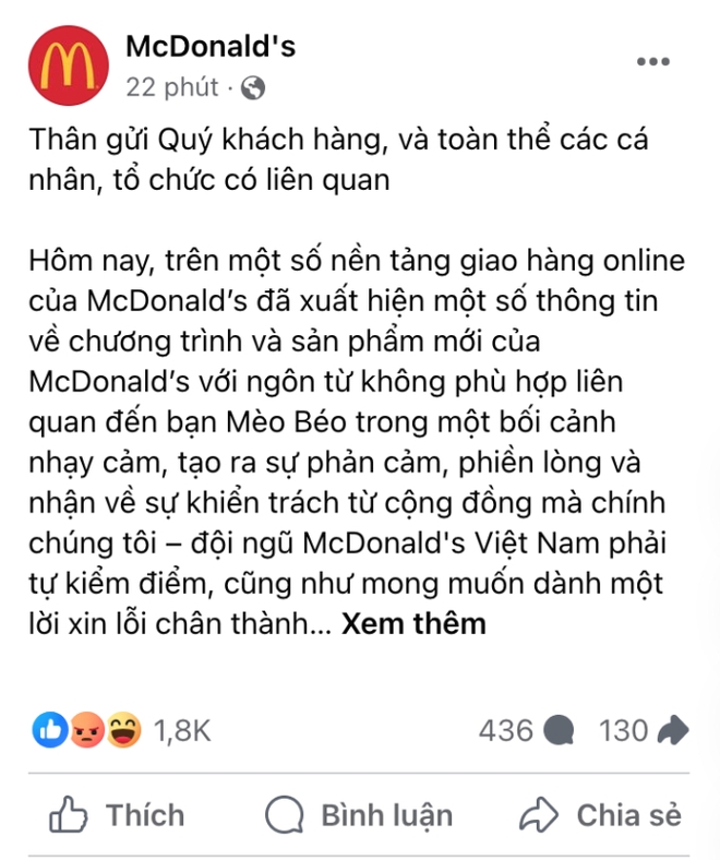 McDonalds Việt Nam chính thức xin lỗi về chuyện Mèo Béo, nhận sai vì có hành động phản cảm nhưng dân mạng vẫn chưa nguôi bức xúc? - Ảnh 2.