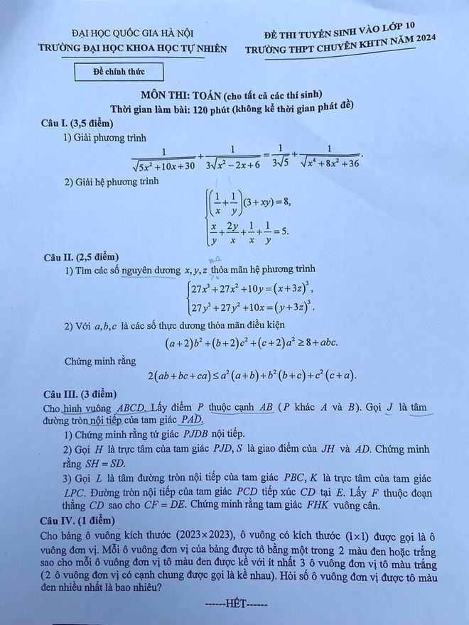 Đề thi Toán vòng 1 vào lớp 10 trường chuyên Khoa học Tự nhiên - Ảnh 1.