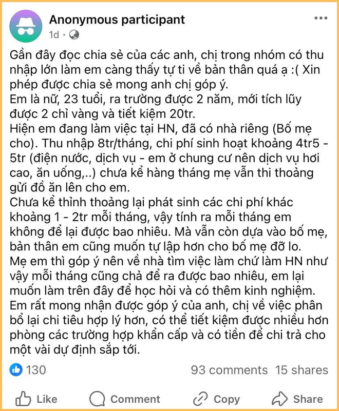 23 tuổi lương 8 triệu, không mất tiền thuê nhà vẫn chẳng tiết kiệm nổi: Cô gái được CĐM khuyên “còn trẻ đừng quá đặt nặng việc tiết kiệm” - Ảnh 1.