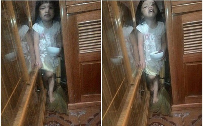 Cư dân mạng tranh cãi trước bức ảnh cô bé bị phạt đứng trong góc tủ mếu máo vì có gián nằm bên ngoài do không chịu ăn cơm