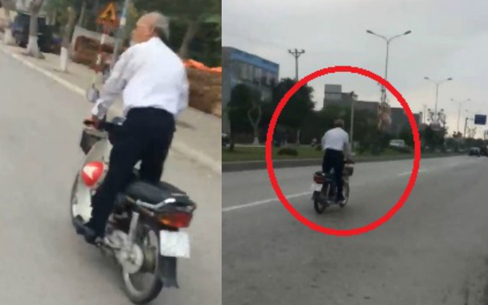 Cụ ông 80 tuổi đứng trên xe máy, lao vun vút trên đường phố