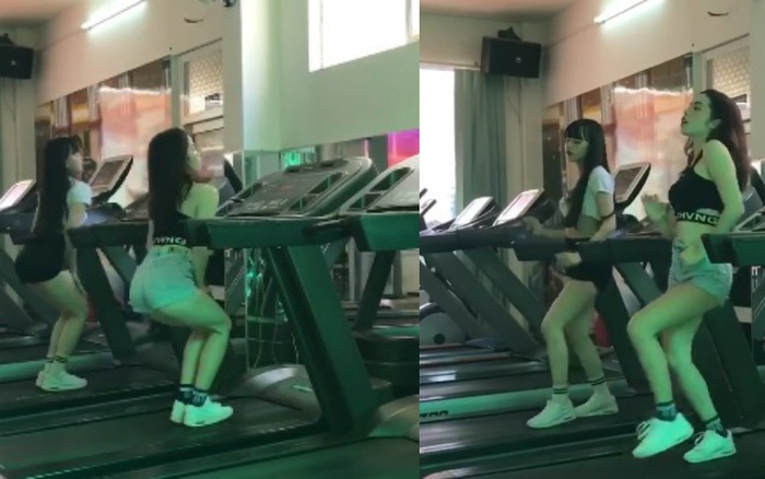 Clip: Hai cô gái gây sốt với màn "tập thể dục buổi sáng" cực chuẩn trên máy chạy bộ