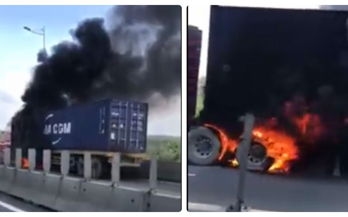 Sài Gòn:  Xe container bất ngờ bốc cháy ngùn ngụt trên cao tốc Long Thành - Cầu Giây