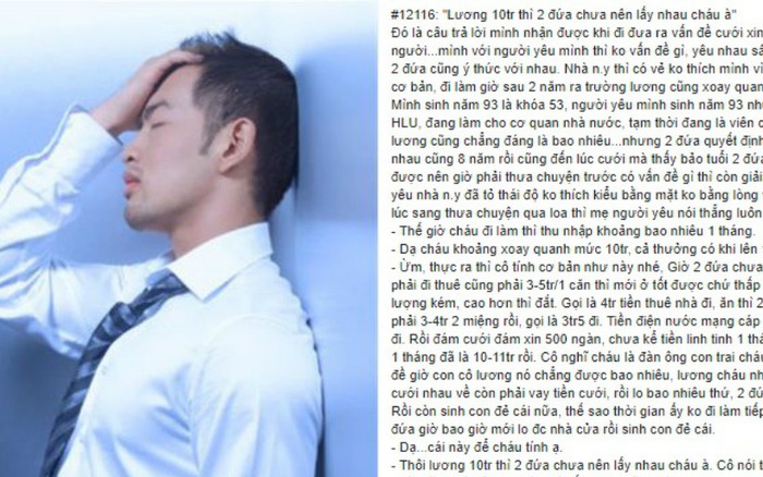Chàng trai thất vọng khi mẹ bạn gái chưa cho cưới vì lương tháng chỉ có 10 triệu đồng!