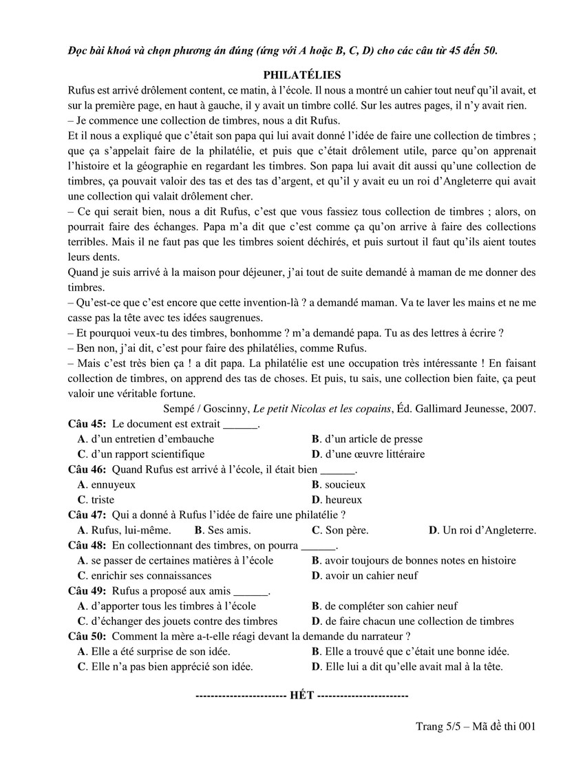 Đề thi minh hoạ THPT Quốc gia năm 2019: Tiếng Pháp - Ảnh 5.