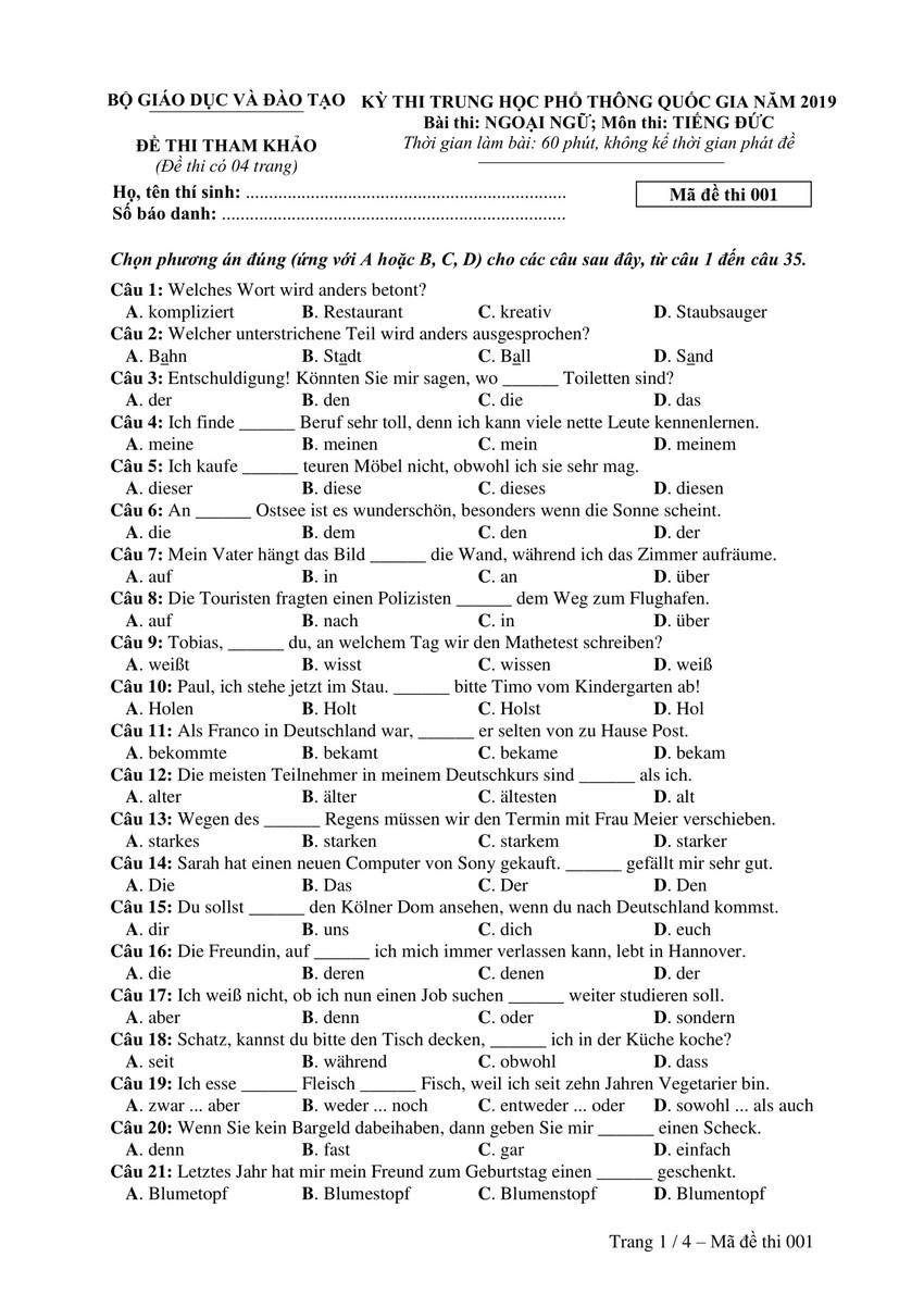 Đề thi minh hoạ THPT Quốc gia 2019: Tiếng Đức - Ảnh 1.