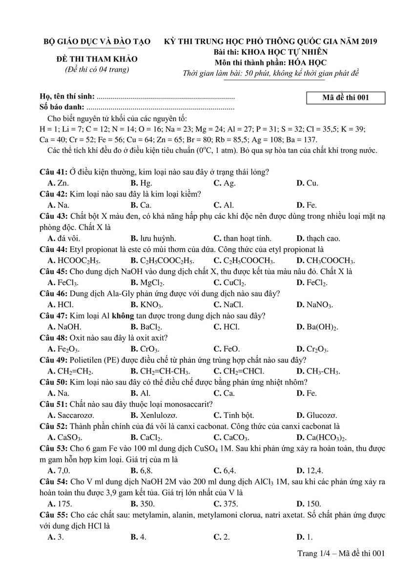 Đề thi minh hoạ THPT Quốc gia năm 2019: Hoá học - Ảnh 1.