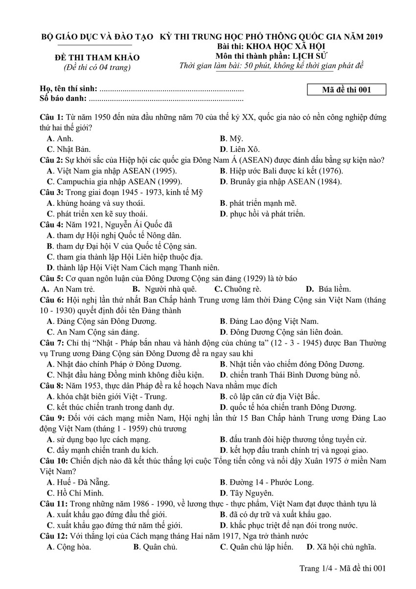 Đề thi minh hoạ THPT Quốc gia năm 2019: Lịch sử - Ảnh 1.