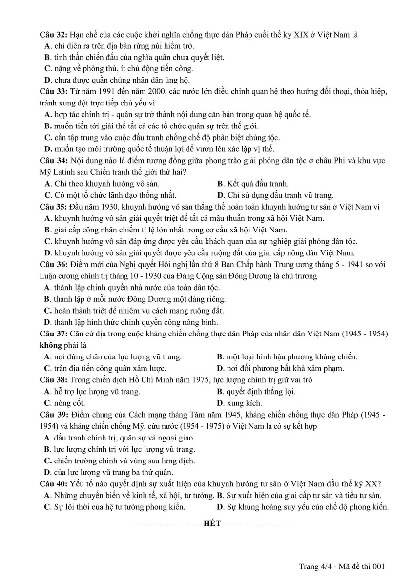 Đề thi minh hoạ THPT Quốc gia năm 2019: Lịch sử - Ảnh 4.