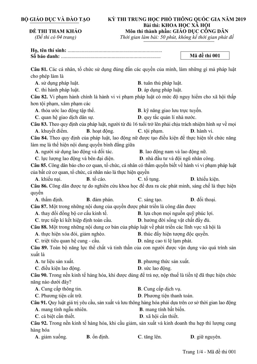 Đề thi minh hoạ THPT Quốc gia năm 2019: Giáo dục công dân - Ảnh 1.