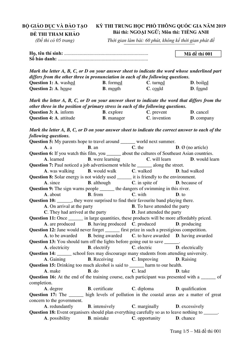 Đề thi minh hoạ THPT Quốc gia năm 2019: Tiếng Anh - Ảnh 1.
