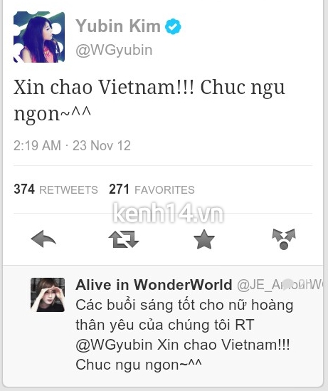 Yubin (Wonder Girls) lên twitter chúc fan Việt ngủ ngon 1