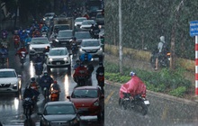 Hà Nội: Người dân đội mưa tầm tã, bật đèn đi làm sáng thứ Hai đầu tuần