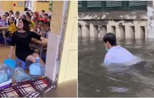 Hà Nội mưa lớn, cô giáo vừa dạy học vừa tát nước, học sinh bơi giữa sân trường