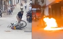 Bắt quả tang chồng ngoại tình, vợ đốt xe máy trên phố