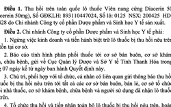 Thu hồi toàn quốc lô thuốc Diacerin 50 do vi phạm chất lượng