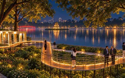Lắp đặt cầu tạm, khung gương giữa vườn hoa Hồ Hoàn Kiếm