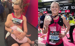 Vừa chạy xong marathon 42km, nữ VĐV Olympic ngồi cho con bú tại vạch đích gây sốt