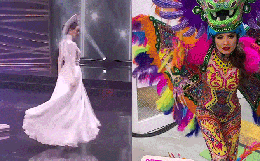 Đêm thi Quốc phục Miss Universe: Khánh Vân trình diễn Kén Em với cú xoay catwalk gây sốt, loạt Hoa hậu gặp sự cố sân khấu