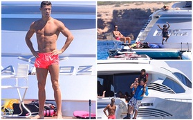 Ronaldo diện quần hồng, tươi cười nhìn quý tử chơi flyboard