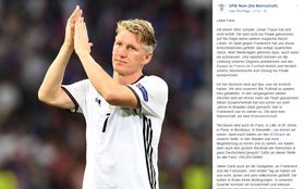 Schweinsteiger thay mặt Die Mannschaft viết "tâm thư" gửi người hâm mộ Đức