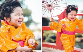 Tan chảy trước độ dễ thương của cô bé Việt 2 tuổi má phính diện Kimono, tóc tơ cài hoa