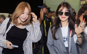 Hani (EXID) đẹp không tì vết, Eunji (A Pink) bị thương vẫn cố cười với fan tại sân bay về Hàn Quốc