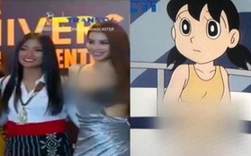 Không chỉ có Phạm Hương, ngay cả cảnh Xuka mặc áo tắm, vận động viên nhảy cao cũng bị ''che che'' trên sóng truyền hình Indonesia
