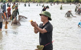 Người dân hứng khởi hú vang khi bắt được cá trong lễ hội đánh cá Đồng Hoa