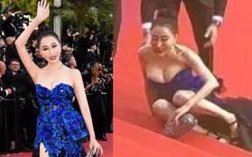Đến hẹn lại lên: Hoa hậu Quý bà Trung Quốc ngã sõng soài tại thảm đỏ Cannes, cố tình khoe vòng một như muốn "trào ra"