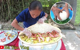 Mang trứng đà điểu làm nhân bánh mì, bà Tân Vlog phải dùng hẳn dao phay mới tách được vỏ, cho vào chậu nhựa mới vừa