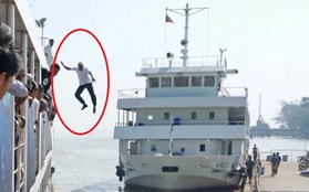 Hình ảnh ấn tượng khi vị thuyền trưởng 60 tuổi không ngần ngại nhảy xuống sông từ độ cao 12m để giải cứu người phụ nữ sắp chết đuối
