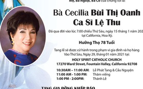 Gia đình công bố thông tin tang lễ của danh ca Lệ Thu tại Mỹ, từ chối nhận phúng điếu