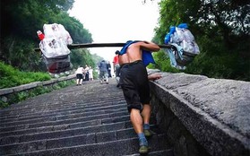 Nghề gánh hàng ở núi Thái Sơn: Mang vật nặng trên vai leo từng bậc thang lên đỉnh, có cáp treo nhưng không thể dùng