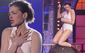 Anne Hathaway "đu bi sắt" bắt chước Miley Cyrus